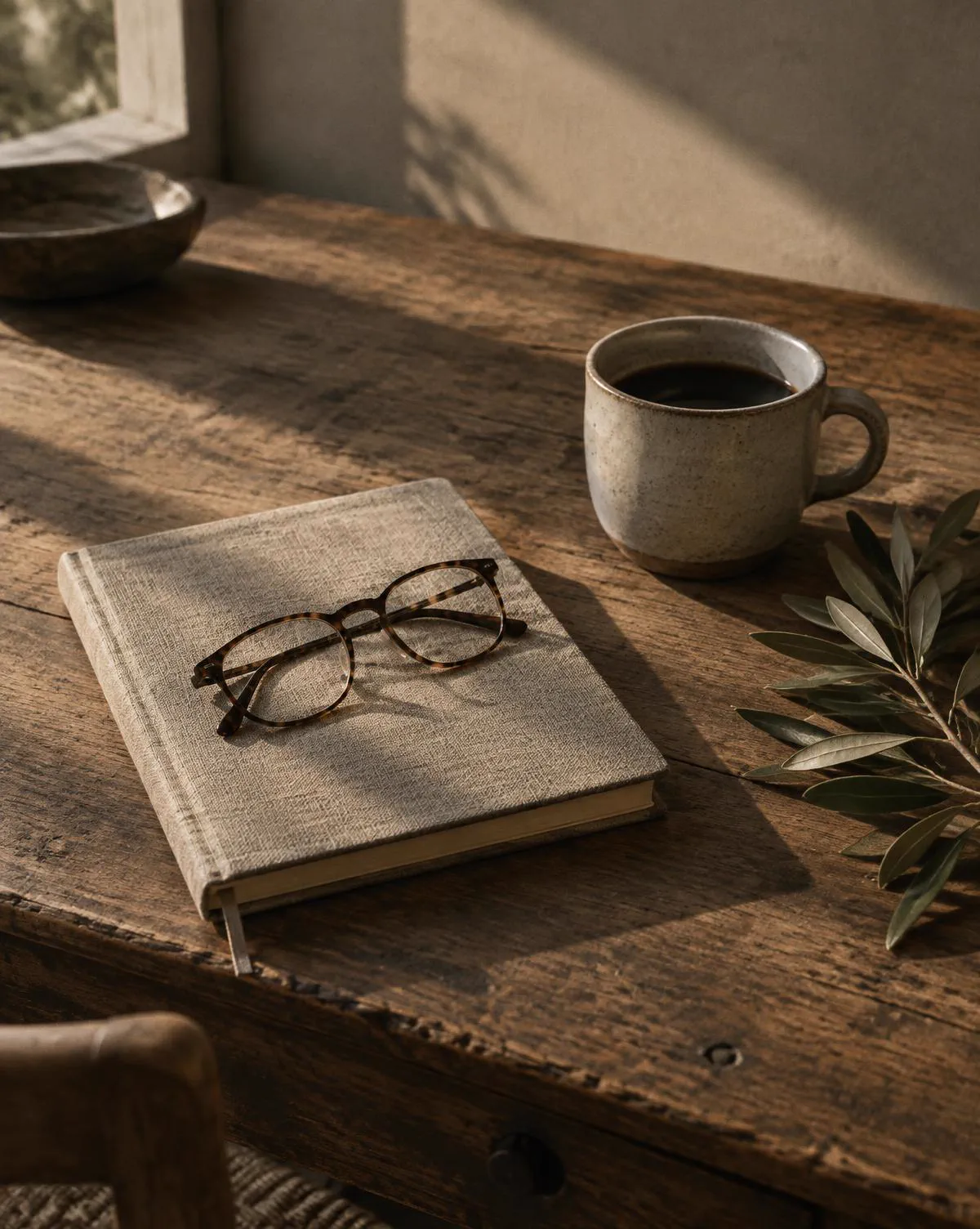 A wooden desk with a linen notebook, glasses and coffee in low afternoon light